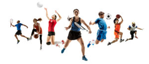 Collage of different sportsmen, fit men and women in action and motion isolated on white background