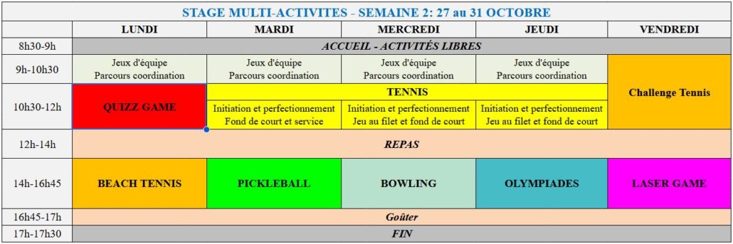SEMAINE 2 - 27 au 31 OCTOBRE